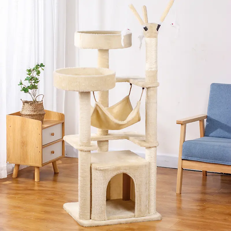 เปลญวนแมวปีนต้นไม้สําหรับสัตว์เลี้ยงหลายระดับพร้อมเสาลับเล็บป่านศรนารายณ์ Perches บ้าน Cat Tower