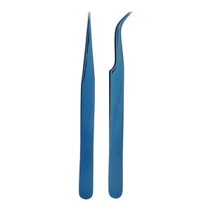 Juego de pinzas clásicas de 90 grados, puntiagudas de acero inoxidable azul para extensiones de pestañas, herramientas de belleza para cejas, aplicador de etiqueta privada - Product Image 1