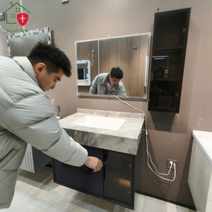 Blue-gray bathroom cabinet with a side transparent display vertical cabinet stone countertop and white washbasin - Product Image 2