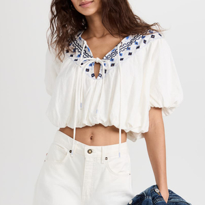 Sweet Bubble Hem Embroidered <strong>White</strong> Cotton Crop <strong>Top</strong> <strong>Boho</strong> Women Resort Wear - Product Image 5