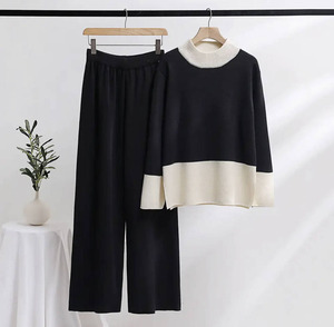 Tz072 Mới 2024 Mùa Thu Sang Trọng Màu Chắp Vá Dài Tay Áo Áo Len + Đan Quần Đặt Phụ Nữ Hai Mảnh Bộ Quần Áo 9 - Product Image 1