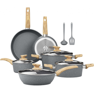 Juego de Ollas y Sartenes de Alta Calidad con Revestimiento de Mármol Moderno, Tapas de Vidrio de Silicona, Asas de Acero Inoxidable, 12 Piezas, Juego de Utensilios de Cocina de Aluminio Forjado - Product Image 1