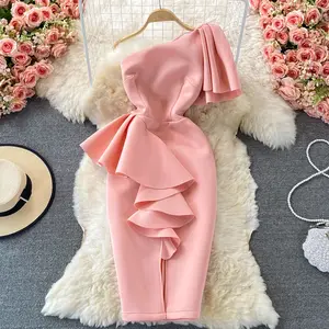 2022 Summer Trending Casual Ruched Bodycon One Shoulder Luxury Women Elegant Dresses With Slit