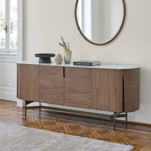 Buffet en Noyer Massif Courbé avec Plateau en Pierre Frittée, 4 Portes, Luxe Moderne, Meuble de Rangement Multifonctionnel pour Salle à Manger, Salon, Villa - Product Image 1
