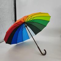 Parapluie droit semi-automatique 16 baleines arc-en-ciel avec logo personnalisé, poignée en J marron, auvent multicolore – Cadeau promotionnel pour événements d'entreprise