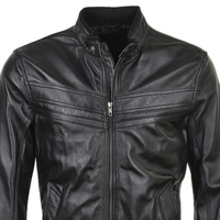 Veste moto en cuir véritable pour homme, col montant, fermeture éclair, couleur unie, coupe ajustée, vêtement d'extérieur d'automne, longueur normale
