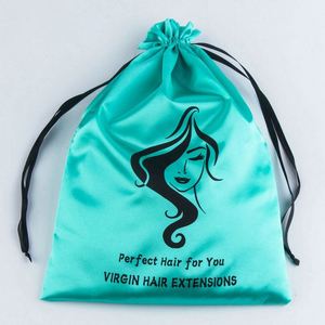 Pochette de rangement pour extensions de cheveux avec logo personnalisé, sacs d'emballage pour perruques, sacs à cordon en satin noir pour mèches de cheveux, sacs cadeaux pour mèches de cheveux - Product Image 4