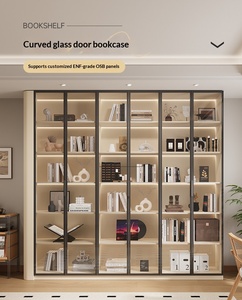 XHA Oak <b>Solid</b> <b>Wood</b> <b>Bookcase</b> Display Cabinet with Curved Glass Doors Custom-Made Wall-Mounted Multifunction Shelf - Product Image 2