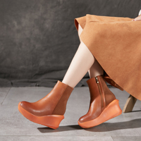 Sepatu bot platform wedge merah wanita, sepatu bot kulit sapi asli, ritsleting sisi lancip, sepatu bot ankle wanita dan wanita
