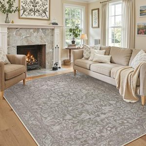 Tapis de salon haut de gamme rectangulaire à motifs de plantes et de fleurs, résistant aux taches, style transitionnel, pour salon - Product Image 3