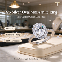 Bague ovale en argent sterling 925 avec moissanite, sertissage halo et pierres latérales baguette, 1500 ㎡   Fournisseur de bijoux en gros OEM ODM