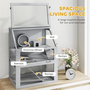 Casa de Madera de Abeto de Lujo Moderna y Clásica para Hámsteres y Gerbillas, de 3 Niveles Desmontables, con Base Profunda de 32 cm, Balancín, Rueda de Ejercicio y Rampas - Product Image 3