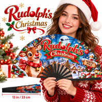 Kipas Tangan Lipat Personal 13 Inch 33cm Plastik Bambu Kayu Natal Rudolph Festival Musim Dingin Kipas Genggam Grosir