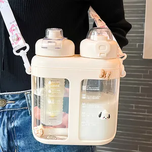 Neue Produktideen 2024 Plastik Kinder Wasser flasche mit Stroh niedlichen Druck Kind trinken Wasser flasche Doppel getränk