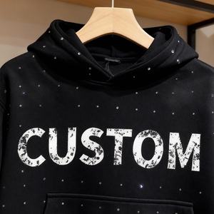 Sweat à capuche noir pour homme, style streetwear hip-hop, délavé à l'acide, effet soleil, coupe oversize, imprimé strass, personnalisable par le fabricant - Product Image 3