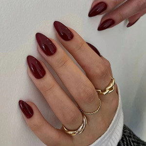 Cherry Dark Red Bordeaux Burgundy Ngắn Hạnh Nhân Giả Móng Tay Nghệ Thuật Mẹo Rắn Màu Báo Chí Trên Móng Tay - Product Image 1