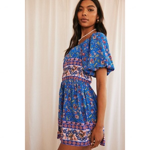 Vestido Mini Boho Azul, Vestido Casual Formal Elegante y Sexy de Lino y Algodón de Alta Calidad con Estampado Floral y Manga Corta - Product Image 3