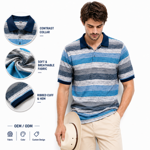 Polo de Punto a Rayas Personalizado con Logotipo para Hombre, Manga Corta, Transpirable, de Algodón, Diseño Informal, Teñido con Hilo, ODM Personalizado - Product Image 1