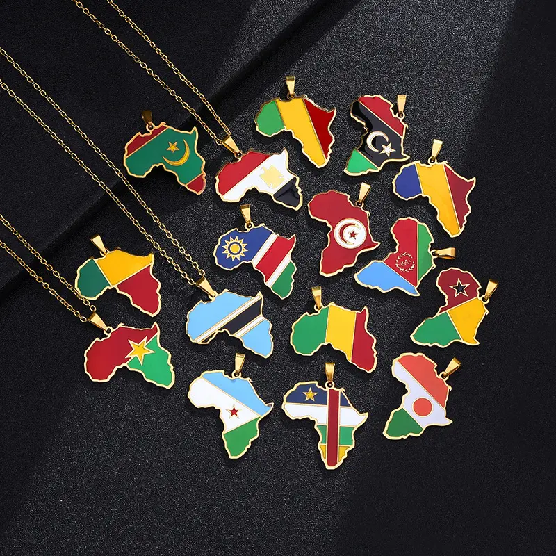 34 émail Côte d'Ivoire Maroc Pays Collier 18K PVD Plaqué Or Ternir Sans Acier Inoxydable Carte Africaine Collier