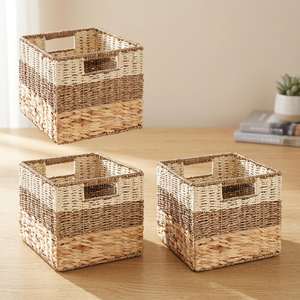 Paniers de rangement rustiques carrés en jacinthe d'eau avec poignées, bac multifonctionnel pour l'organisation et le rangement - Product Image 2