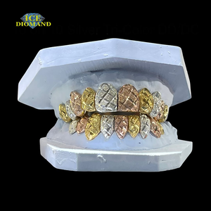 Grillz personnalisés Hiphop, design pavé multicolore, deux tons, argent sterling 925, plaqué or, grillz personnalisés - Product Image 1