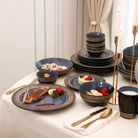 48pcs Vaisselle en grès bleu Bol Assiette Vaisselle Ensembles de vaisselle en céramique pour la maison et la cuisine Jour de l'indépendance