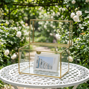 Modern Glass Storage <b>Box</b> Rectangular With Gold Frame And Hinged Lid For <b>Weddings</b> Decorative Use - Product Image 1