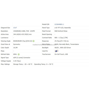 Nouveau panneau LCD industriel de qualité automobile 15,6 pouces 1920*1080 FHD en stock pour système de contrôle HMI automobile G156HAB01.1 - Product Image 4