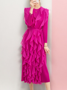 เดรสของผู้หญิงมีจีบแขนยาวคอกลมเดรสแฟชั่นดีไซน์ไม่เหมือนใคร - Product Image 3