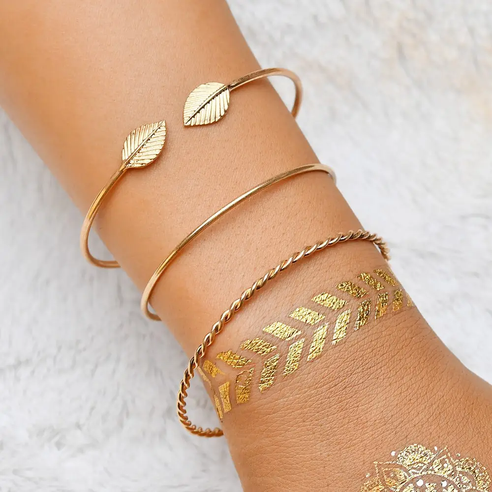 Ensemble de bracelets en feuilles plaqué or, 3 pièces, bijoux personnalisés, tendance, nouvelle collection