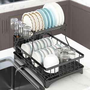 Último modelo de escurridor de platos de 2 niveles para cocina, de metal, para encimera, organizador de secado de platos con soporte para utensilios - Product Image 3