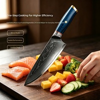 Handgesmeed Damascus staal broodmes, groentehakmes, modern minimalistisch houten handvat, ambidextrous, 19,5 cm lemmet