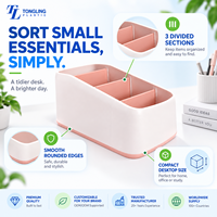 Organisateur de bureau minimaliste blanc et rose en plastique avec 3 compartiments, boîte de rangement de bureau mignonne
