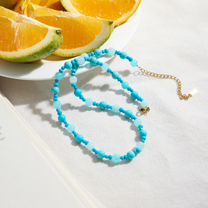 Turquoise <b>Beaded</b> <b>Necklace</b> With Gold Clasp Round Ball Shape Fashion Jewelry For Women - Product Image 4