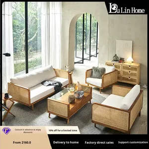 Canapé trois places en bois massif de style <span class=keywords><strong>chinois</strong></span> moderne et rétro, rembourrage en éponge, design nordique en bois de frêne, rotin simple pour <span class=keywords><strong>salon</strong></span> - Product Image 2