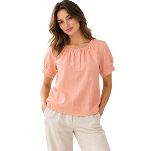 Ensemble 2 pièces en coton et lin tissé uni pour femme, haut à manches courtes et pantalon large, tenue décontractée pour les vacances - Product Image 1