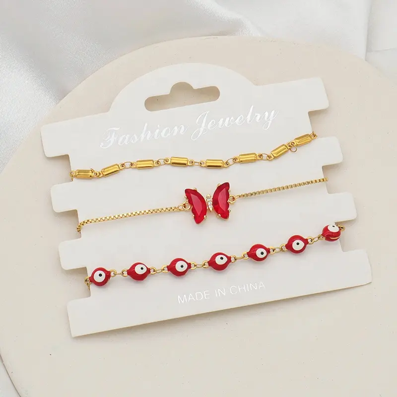 Pulseira de vidro esmaltado, bracelete para mulheres com pingente retangular de borboleta, de cristal, vermelho, 3 peças