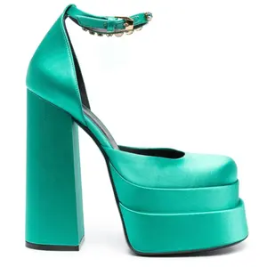 Global Famous Design Women Shoes Multi- Platform Smooth Satin Chunky Heel Shoes