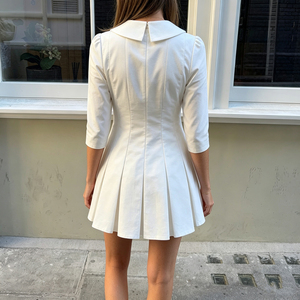 Early Fall New Preppy Peter Pan Collar Button Waist Defining Half Sleeve Pure Pleated Midi <b>Dress</b> for Women - Product Image 5