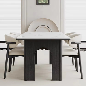 Bộ bàn ăn hình chữ nhật tối giản hiện đại, bề mặt như đá mịn, đế gỗ chắc chắn và chỗ ngồi bọc màu trắng - Product Image 5