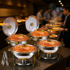 Chauffe-plat de buffet en acier inoxydable 4,76 QT avec réchaud à alcool, couvercle miroir circulaire, pour maintien au chaud, équipement de restauration pour événements - Product Image 2