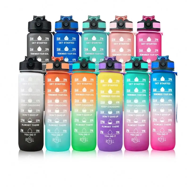 32Oz 1000Ml 1 Liter Tahan Bocor BPA Gratis Motivasi Ombre Tritan PC PETG Botol Air dengan Penanda Waktu Cap dan Jerami dan Pegangan