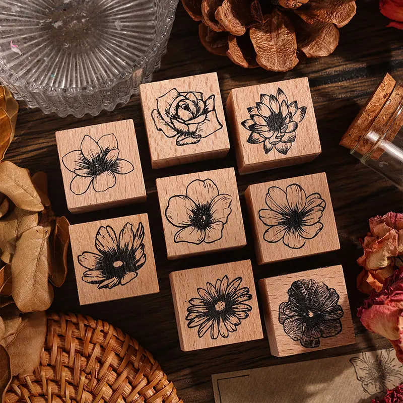 STICKERS PUNK Wood Rubber Stamps Flower Decorative Rubber Stamp Wooden Mounted Stamp for DIY Crafting Scrapbook Letters 04815