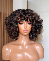 Perruque Cheveux Humains Ondulés Marron Foncé Effet Rebondissant, Perruques Courtes Entièrement Confectionnées à la Machine pour Femmes Noires, Densité 250%, Sans Lacet, Avec Frange