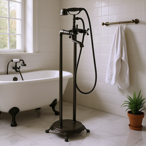 Robinet de baignoire sur pied en bronze huilé vintage, pommeau de douche pluie de 59 pouces, 2 poignées, rotation à 360 degrés - Product Image 2