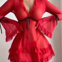 Nouvelle Lingerie Florale Sexy Grande Taille 2025, Robe Transparente en Dentelle et Maille à Volants avec String, Ensemble Pyjama 2 Pièces pour Femme, Nuisette de Luxe