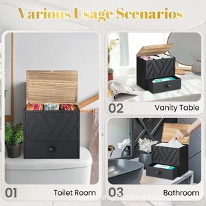 Wooden Bathroom <b>Storage</b> <b>Box</b> With <b>Drawer</b> For Sanitary Napkins Toilet Paper Organizer Rectangle Covered Compartments Standing Type - Product Image 5