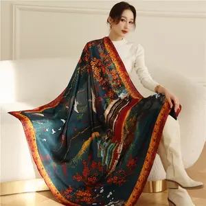 Lenço de seda para mulheres, excelente lenço de seda com pássaro voador e palácio, estampado, cor brilhante, lenço quadrado para mulheres