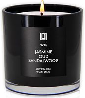 Vela Aromática de Lujo Hecha a Mano en Frasco de Vidrio con Cera de Soya, Aroma a Jazmín, Oud y Madera de Sándalo, Natural, Altamente Perfumada, de Larga Duración, Diseño Moderno, 9 Oz