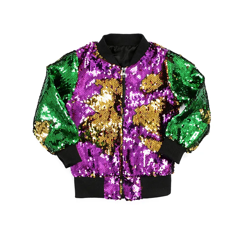 Carnival shiny kids coat purple/green/gold reversible zipper up flip bomber jacket sequin jacket for baby girl mardi gras